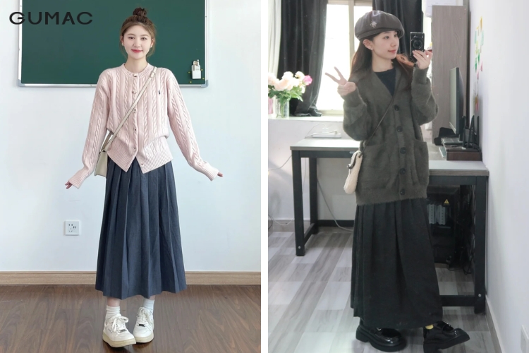 Váy rời kiểu xếp ly mặc cùng áo cardigan